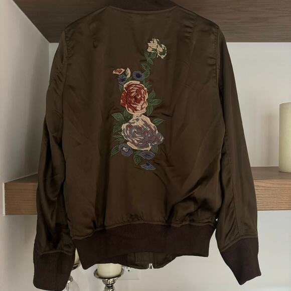 Olivaceous Embroidered, Satin Floral Bomber Jacket in Brown - Picture 4 of 6